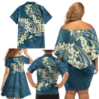 Cyan Polynesia Hammerhead Shark Tattoo With Plumeria Lei Family Matching Off Shoulder Short Dress and Hawaiian Shirt LT14 - Polynesian Pride