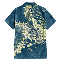 Cyan Polynesia Hammerhead Shark Tattoo With Plumeria Lei Family Matching Off Shoulder Short Dress and Hawaiian Shirt LT14 - Polynesian Pride