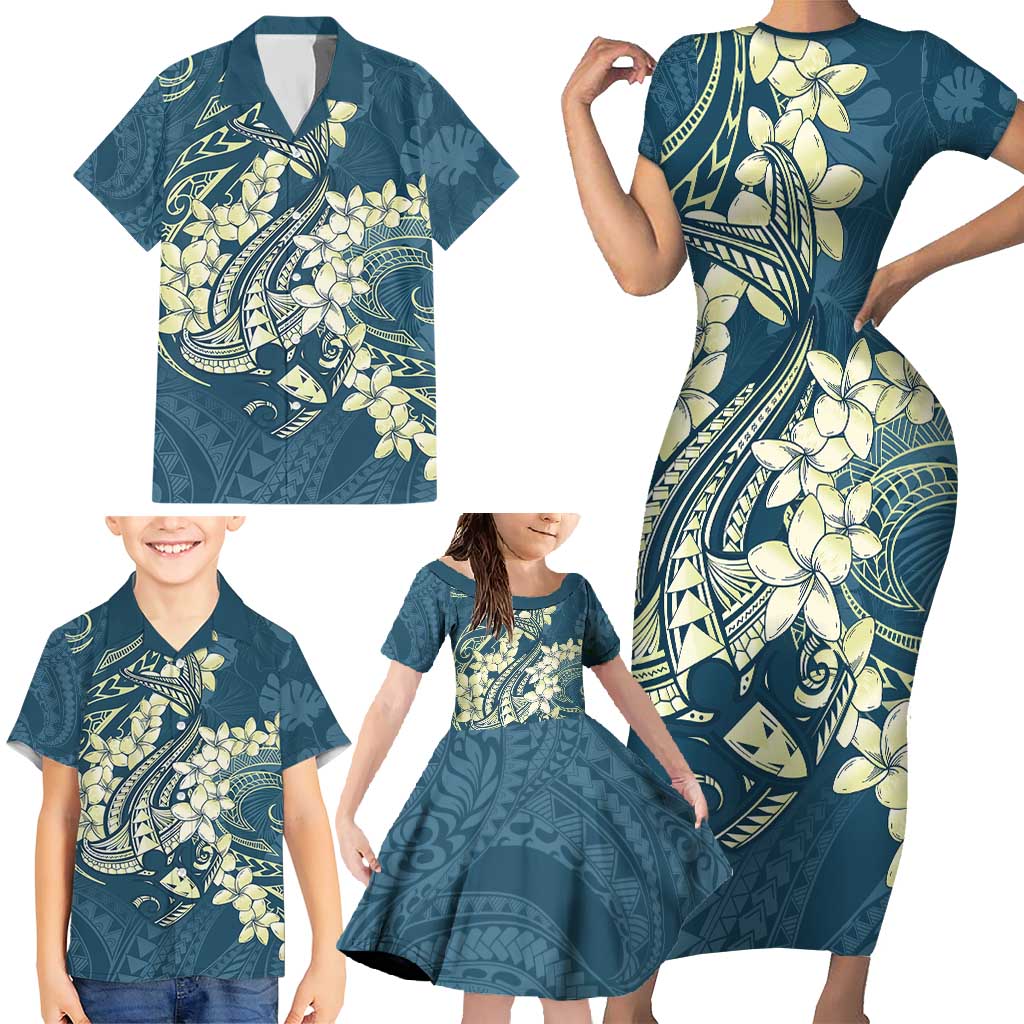 Cyan Polynesia Hammerhead Shark Tattoo With Plumeria Lei Family Matching Short Sleeve Bodycon Dress and Hawaiian Shirt LT14 - Polynesian Pride