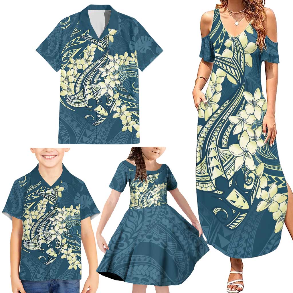 Cyan Polynesia Hammerhead Shark Tattoo With Plumeria Lei Family Matching Summer Maxi Dress and Hawaiian Shirt LT14 - Polynesian Pride