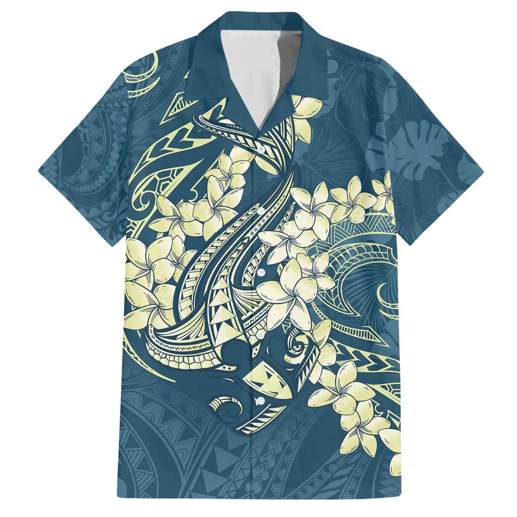 Cyan Polynesia Hammerhead Shark Tattoo With Plumeria Lei Family Matching Summer Maxi Dress and Hawaiian Shirt LT14 Dad's Shirt - Short Sleeve Cyan - Polynesian Pride