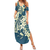 Cyan Polynesia Hammerhead Shark Tattoo With Plumeria Lei Family Matching Summer Maxi Dress and Hawaiian Shirt LT14 Mom's Dress Cyan - Polynesian Pride