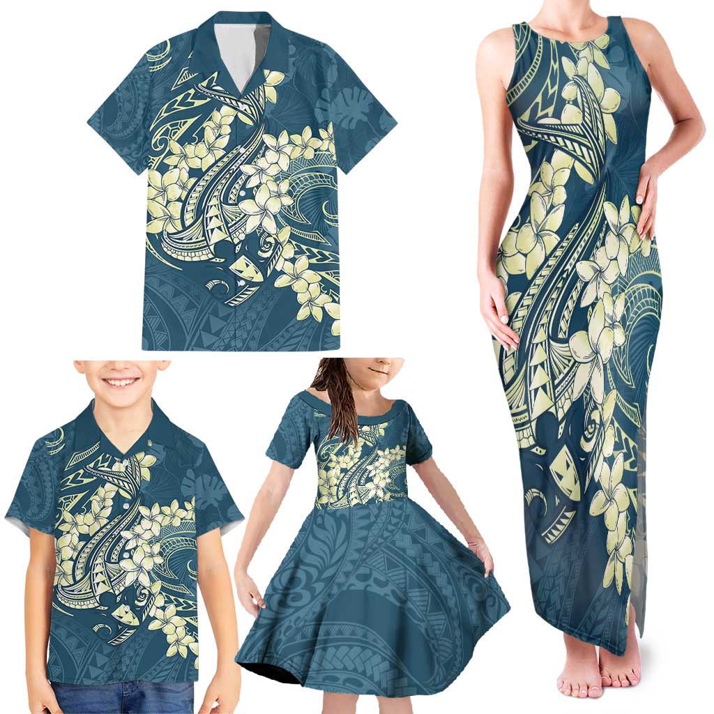 Cyan Polynesia Hammerhead Shark Tattoo With Plumeria Lei Family Matching Tank Maxi Dress and Hawaiian Shirt LT14 - Polynesian Pride