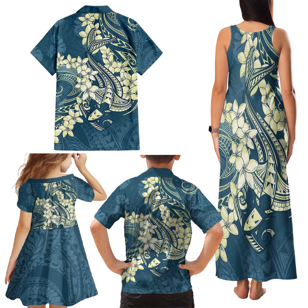 Cyan Polynesia Hammerhead Shark Tattoo With Plumeria Lei Family Matching Tank Maxi Dress and Hawaiian Shirt LT14 - Polynesian Pride