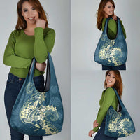 Cyan Polynesia Hammerhead Shark Tattoo With Plumeria Lei Grocery Bag