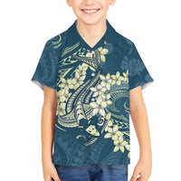 Cyan Polynesia Hammerhead Shark Tattoo With Plumeria Lei Hawaiian Shirt