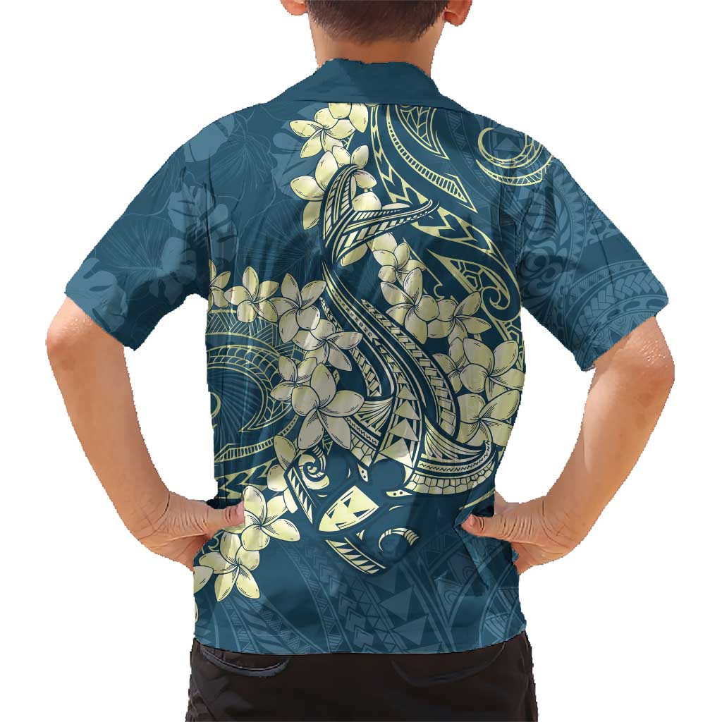 Cyan Polynesia Hammerhead Shark Tattoo With Plumeria Lei Kid Hawaiian Shirt