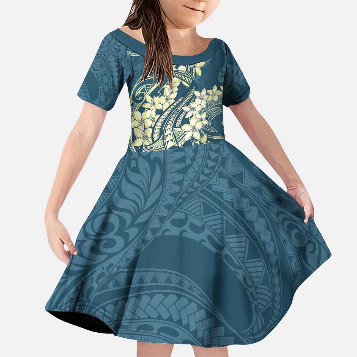Cyan Polynesia Hammerhead Shark Tattoo With Plumeria Lei Kid Short Sleeve Dress