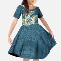 Cyan Polynesia Hammerhead Shark Tattoo With Plumeria Lei Kid Short Sleeve Dress