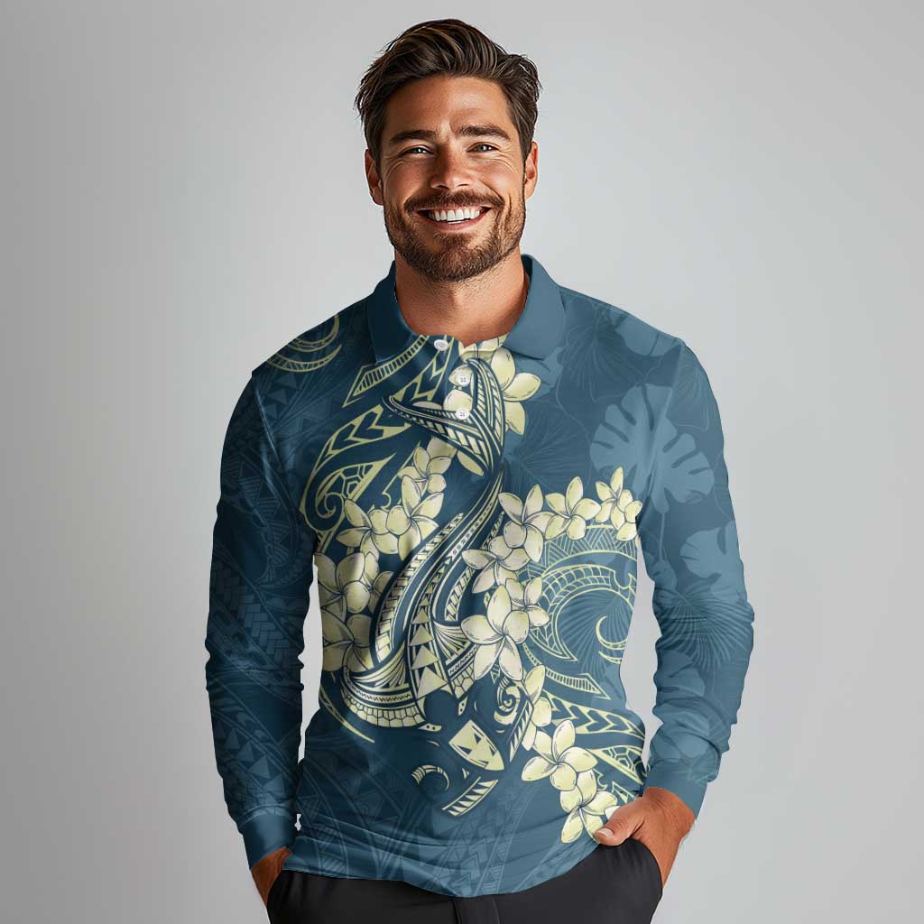 Cyan Polynesia Hammerhead Shark Tattoo With Plumeria Lei Long Sleeve Polo Shirt