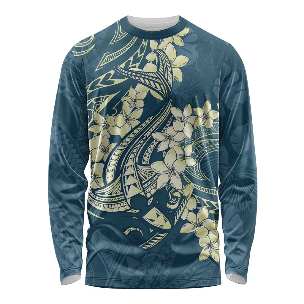 Cyan Polynesia Hammerhead Shark Tattoo With Plumeria Lei Long Sleeve Shirt
