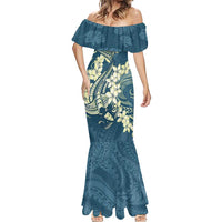 Cyan Polynesia Hammerhead Shark Tattoo With Plumeria Lei Mermaid Dress