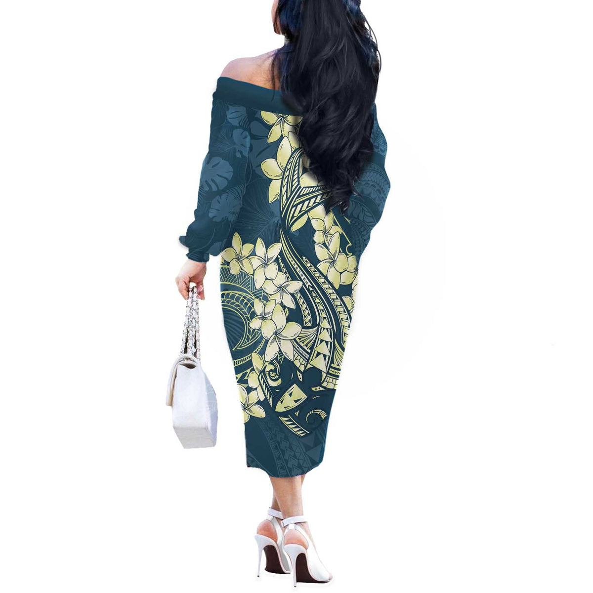 Cyan Polynesia Hammerhead Shark Tattoo With Plumeria Lei Off The Shoulder Long Sleeve Dress