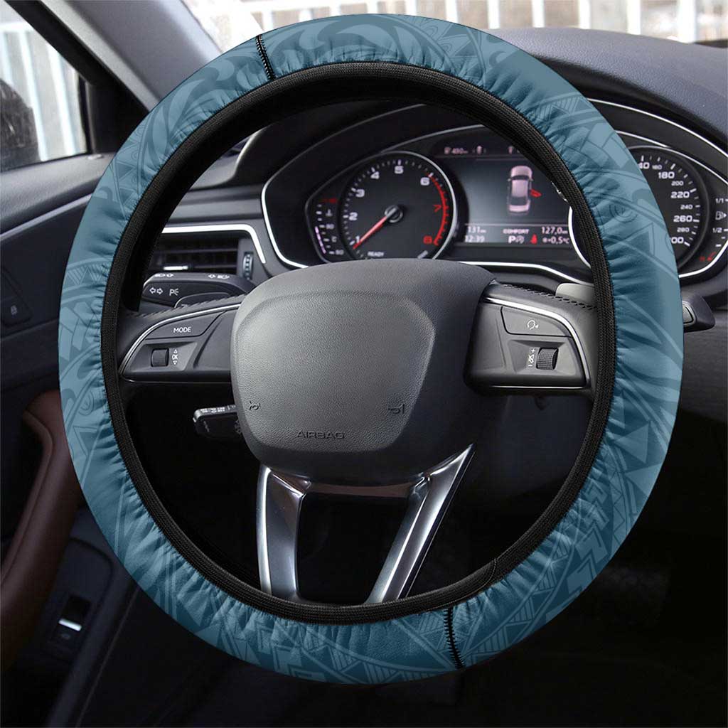 Cyan Polynesia Hammerhead Shark Tattoo With Plumeria Lei Steering Wheel Cover