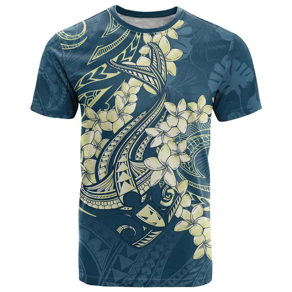 Cyan Polynesia Hammerhead Shark Tattoo With Plumeria Lei T Shirt