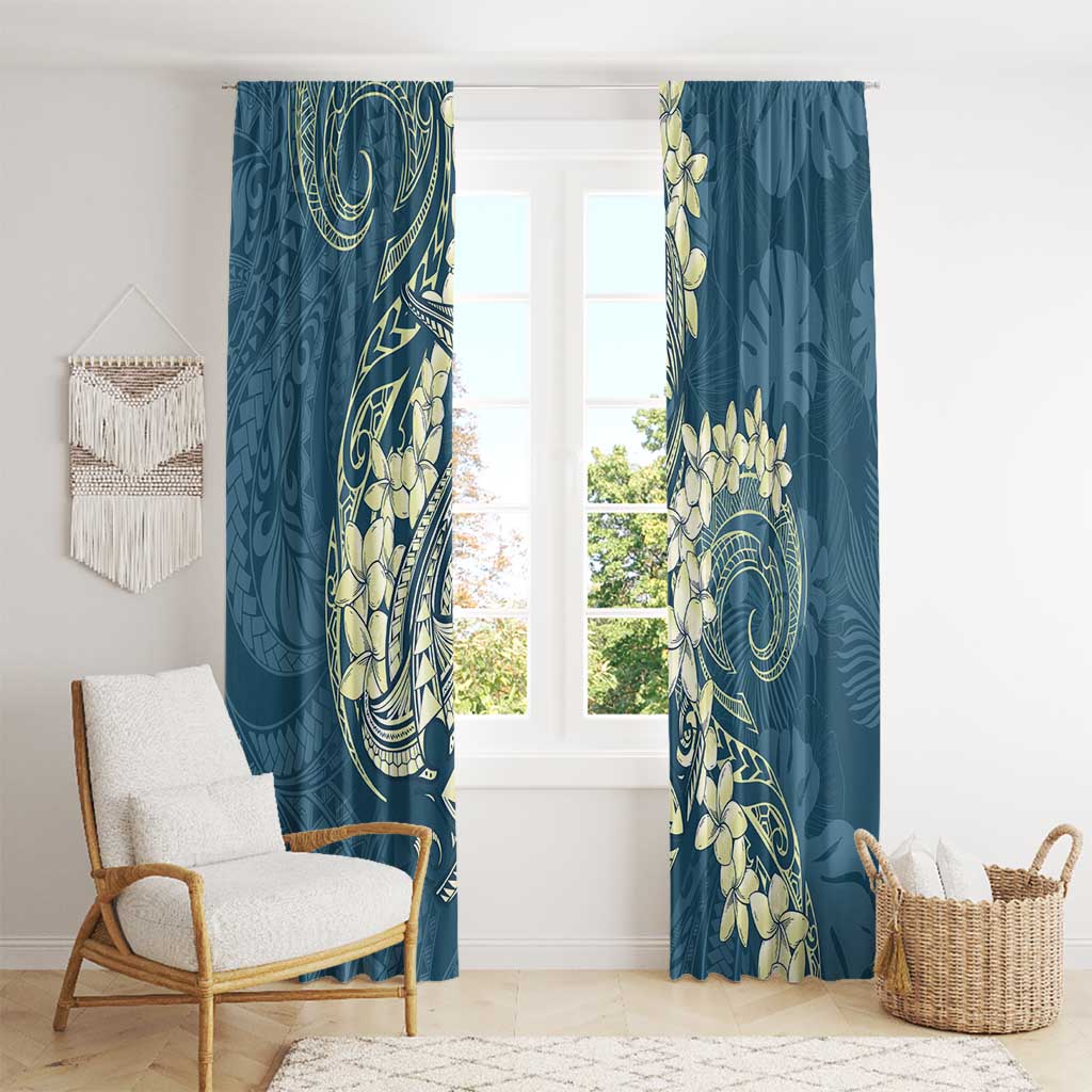 Cyan Polynesia Hammerhead Shark Tattoo With Plumeria Lei Window Curtain