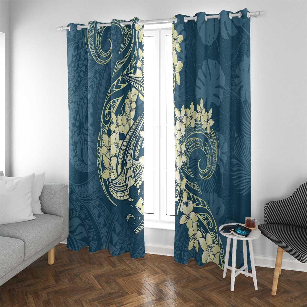 Cyan Polynesia Hammerhead Shark Tattoo With Plumeria Lei Window Curtain