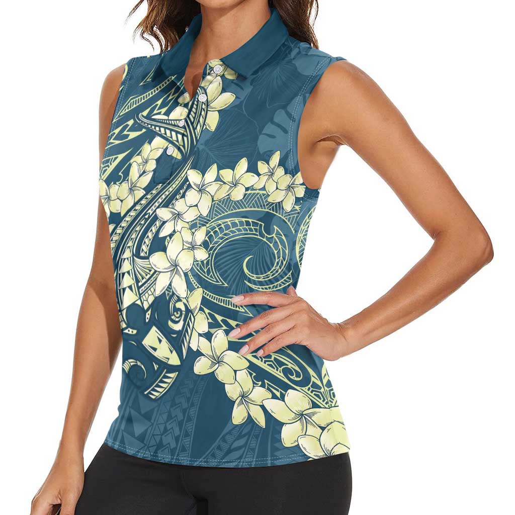 Cyan Polynesia Hammerhead Shark Tattoo With Plumeria Lei Women Sleeveless Polo Shirt