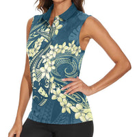 Cyan Polynesia Hammerhead Shark Tattoo With Plumeria Lei Women Sleeveless Polo Shirt