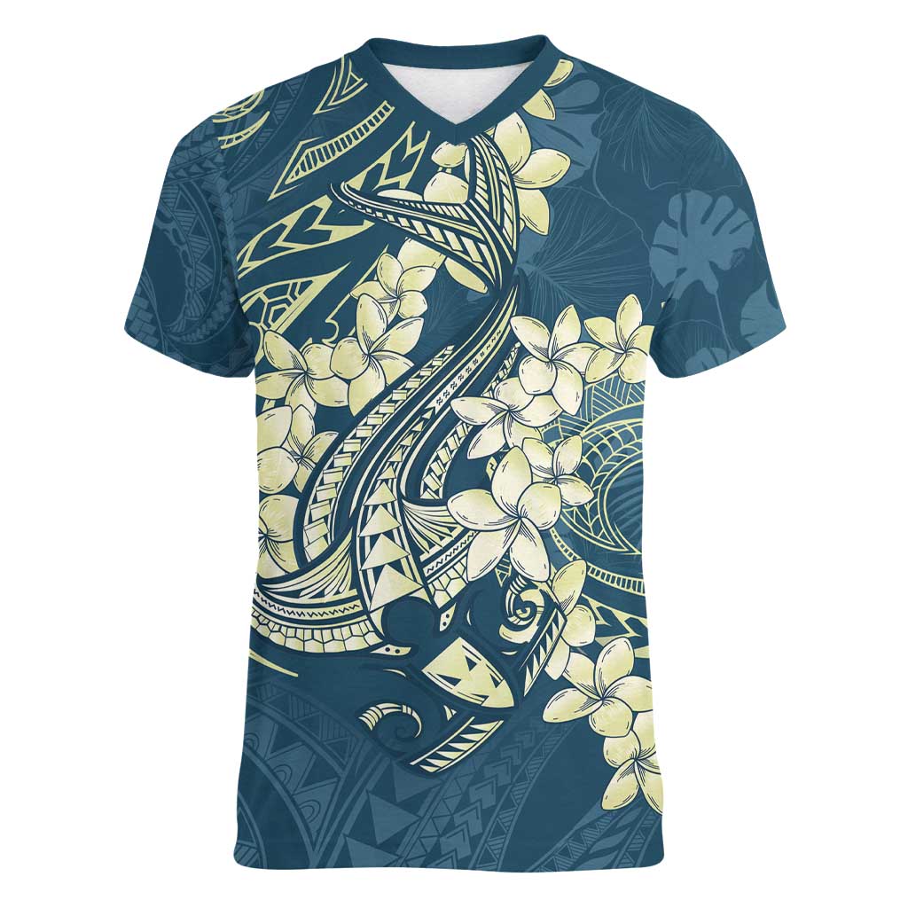 Cyan Polynesia Hammerhead Shark Tattoo With Plumeria Lei Women V-Neck T-Shirt