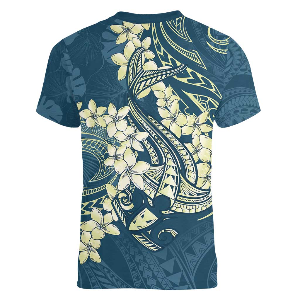Cyan Polynesia Hammerhead Shark Tattoo With Plumeria Lei Women V-Neck T-Shirt