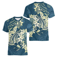 Cyan Polynesia Hammerhead Shark Tattoo With Plumeria Lei Women V-Neck T-Shirt