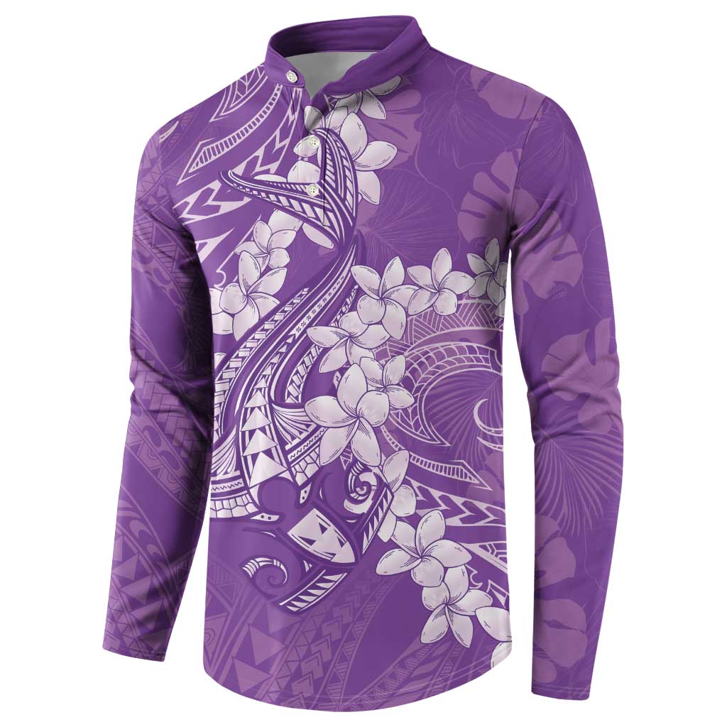 Purple Polynesia Hammerhead Shark Tattoo With Plumeria Lei Button Sweatshirt
