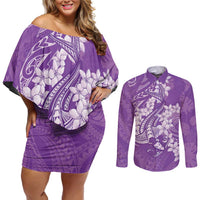 Purple Polynesia Hammerhead Shark Tattoo With Plumeria Lei Couples Matching Off Shoulder Short Dress and Long Sleeve Button Shirt