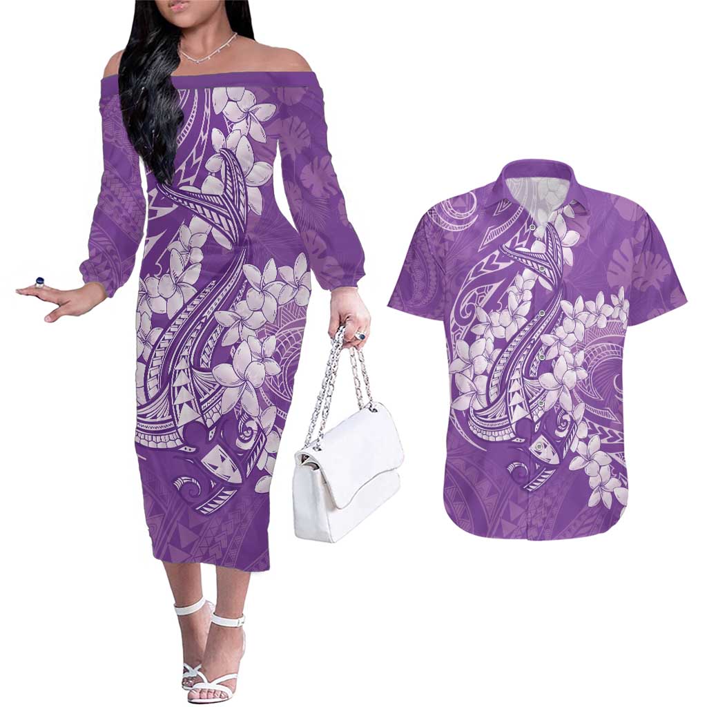 Purple Polynesia Hammerhead Shark Tattoo With Plumeria Lei Couples Matching Off The Shoulder Long Sleeve Dress and Hawaiian Shirt LT14 Purple - Polynesian Pride