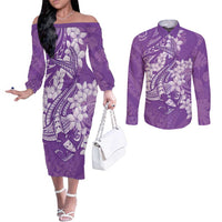 Purple Polynesia Hammerhead Shark Tattoo With Plumeria Lei Couples Matching Off The Shoulder Long Sleeve Dress and Long Sleeve Button Shirt