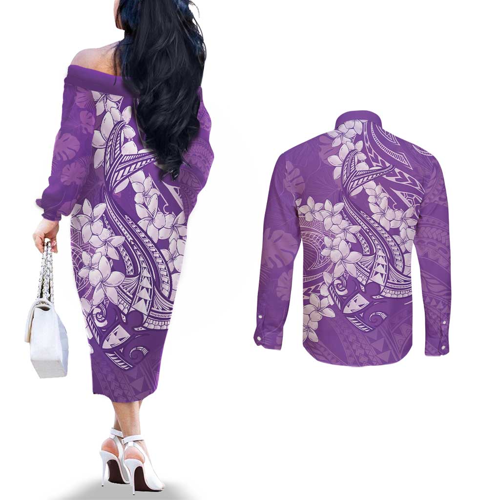 Purple Polynesia Hammerhead Shark Tattoo With Plumeria Lei Couples Matching Off The Shoulder Long Sleeve Dress and Long Sleeve Button Shirt