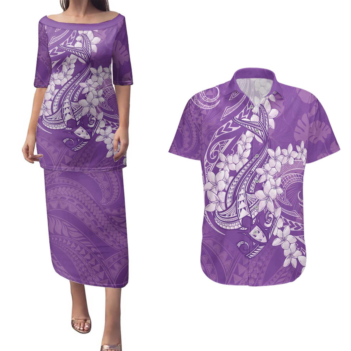 Purple Polynesia Hammerhead Shark Tattoo With Plumeria Lei Couples Matching Puletasi and Hawaiian Shirt