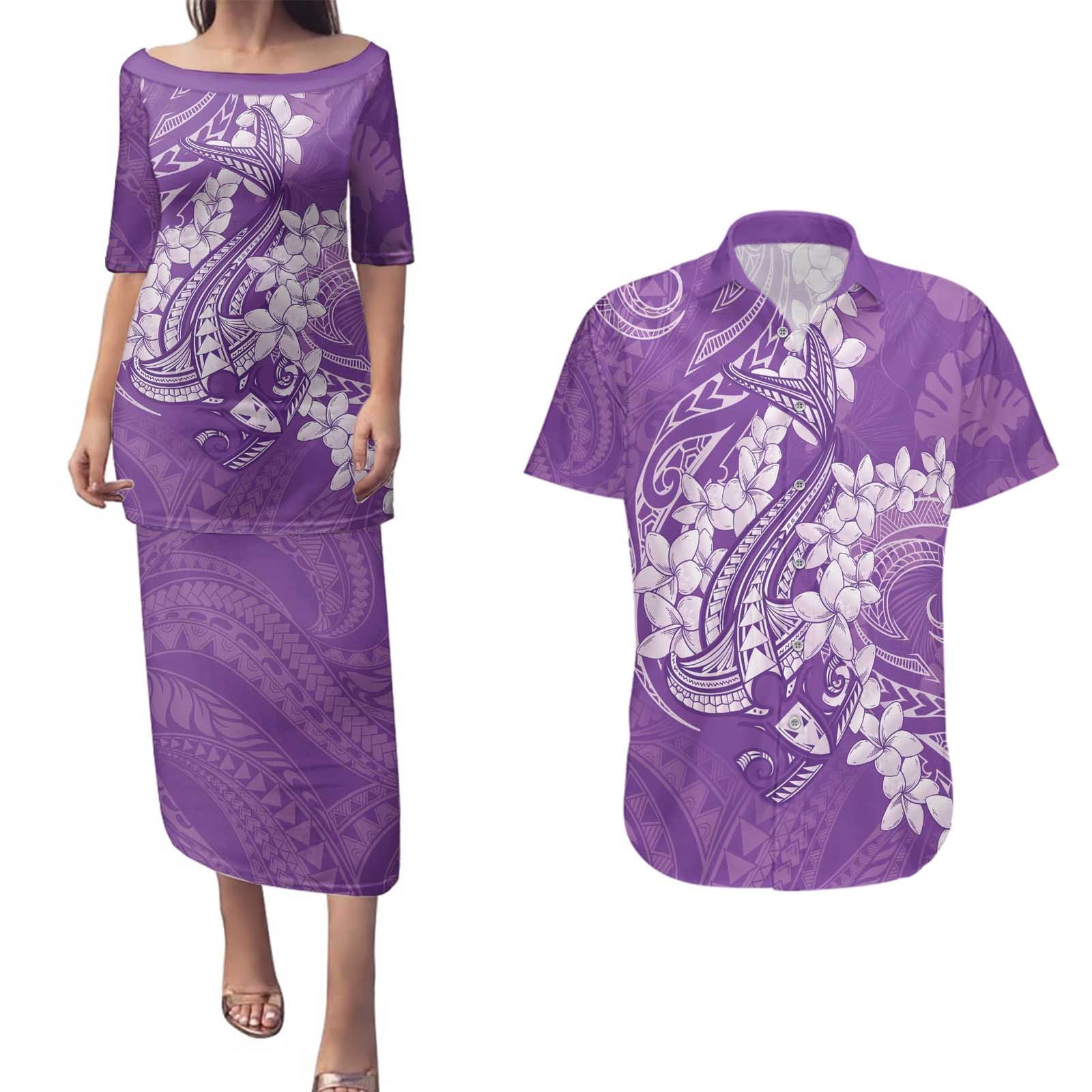 Purple Polynesia Hammerhead Shark Tattoo With Plumeria Lei Couples Matching Puletasi and Hawaiian Shirt