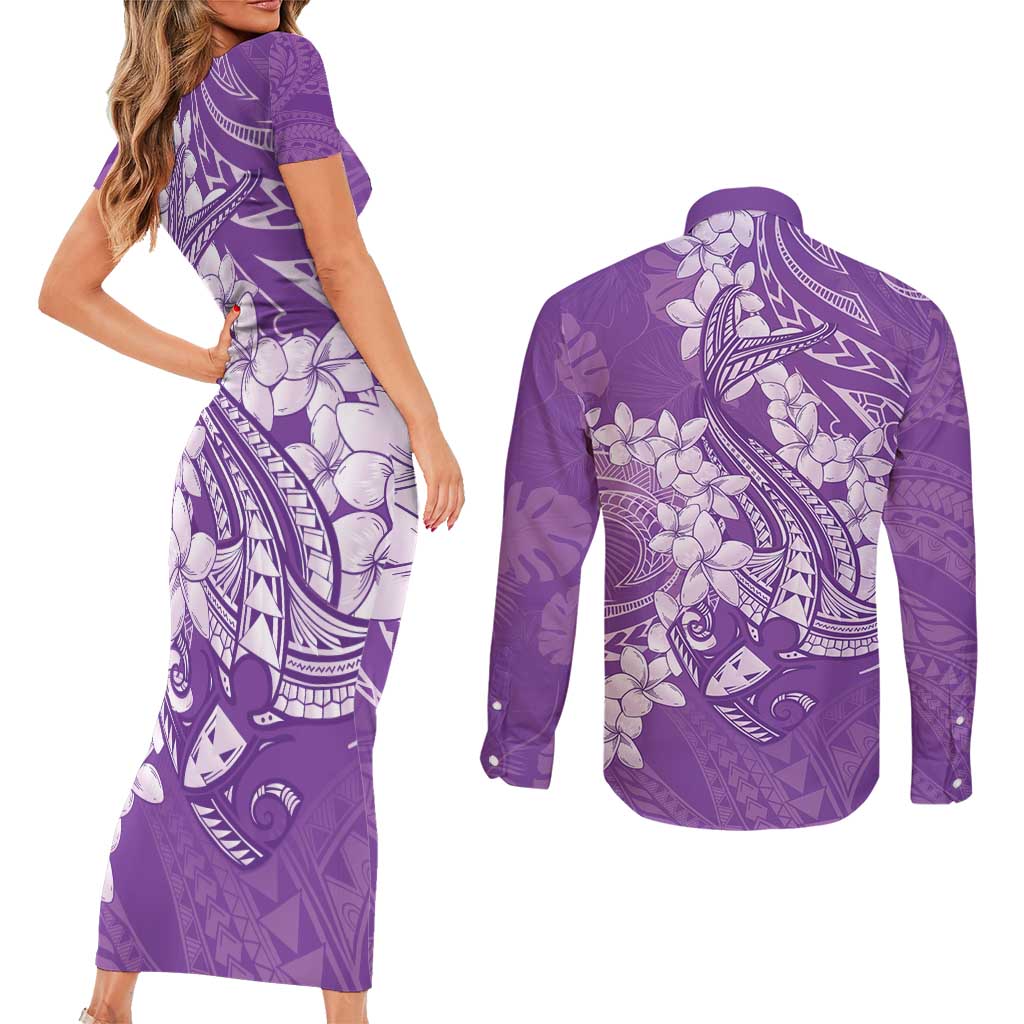 Purple Polynesia Hammerhead Shark Tattoo With Plumeria Lei Couples Matching Short Sleeve Bodycon Dress and Long Sleeve Button Shirt LT14 - Polynesian Pride