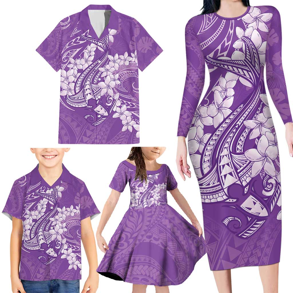 Purple Polynesia Hammerhead Shark Tattoo With Plumeria Lei Family Matching Long Sleeve Bodycon Dress and Hawaiian Shirt LT14 - Polynesian Pride