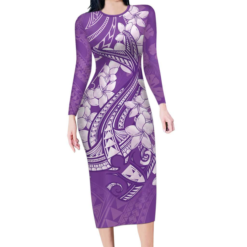 Purple Polynesia Hammerhead Shark Tattoo With Plumeria Lei Family Matching Long Sleeve Bodycon Dress and Hawaiian Shirt LT14 Mom's Dress Purple - Polynesian Pride