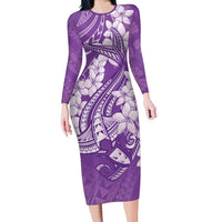 Purple Polynesia Hammerhead Shark Tattoo With Plumeria Lei Family Matching Long Sleeve Bodycon Dress and Hawaiian Shirt LT14 Mom's Dress Purple - Polynesian Pride