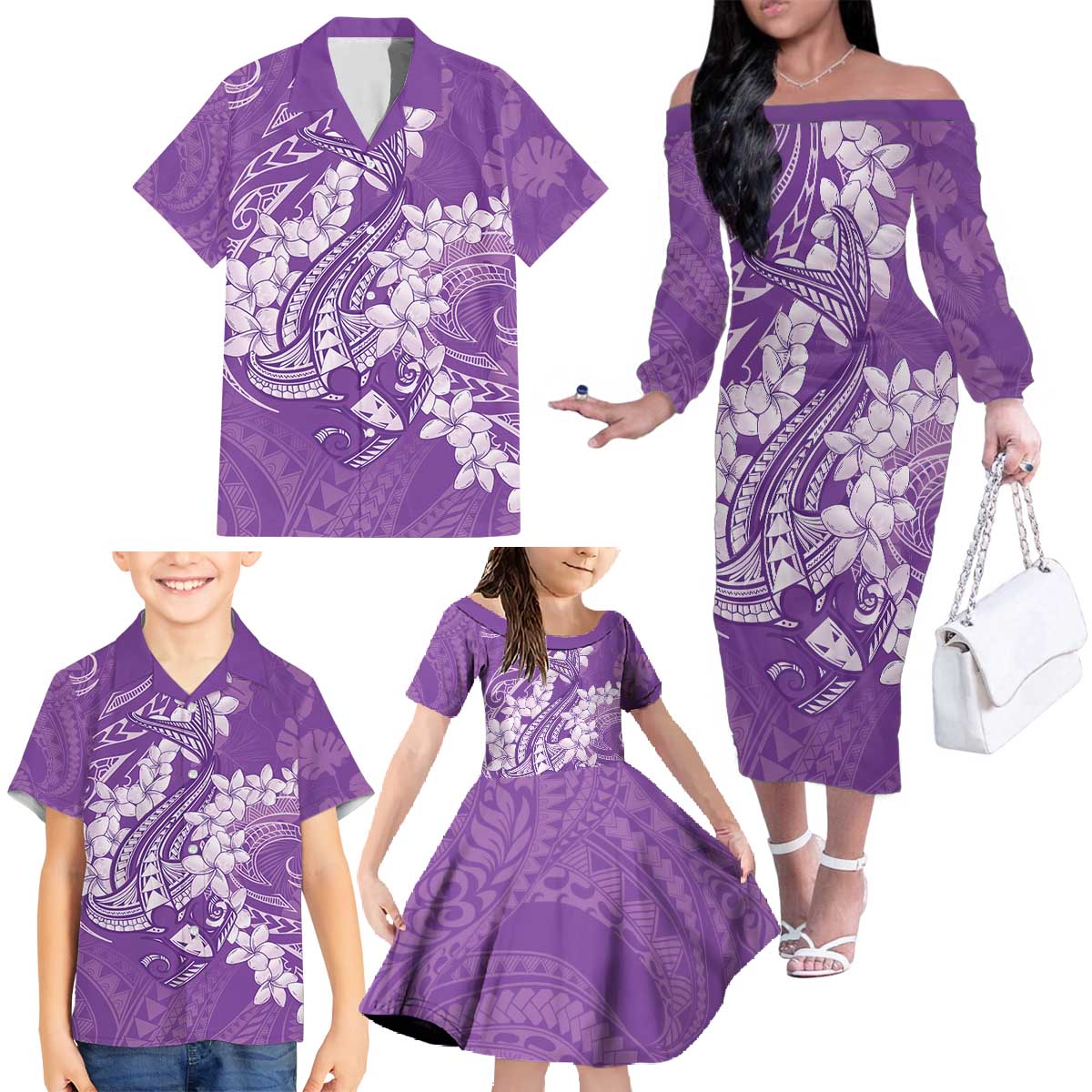 Purple Polynesia Hammerhead Shark Tattoo With Plumeria Lei Family Matching Off The Shoulder Long Sleeve Dress and Hawaiian Shirt LT14 - Polynesian Pride
