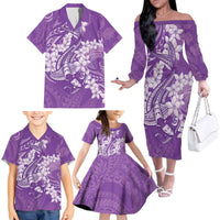 Purple Polynesia Hammerhead Shark Tattoo With Plumeria Lei Family Matching Off The Shoulder Long Sleeve Dress and Hawaiian Shirt LT14 - Polynesian Pride