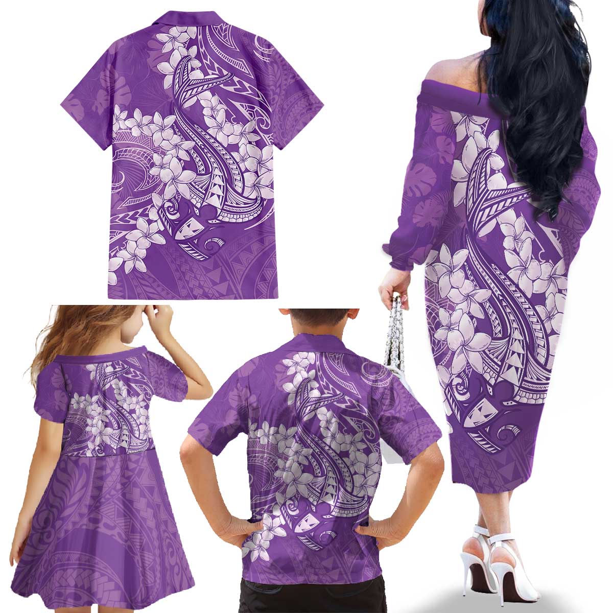 Purple Polynesia Hammerhead Shark Tattoo With Plumeria Lei Family Matching Off The Shoulder Long Sleeve Dress and Hawaiian Shirt LT14 - Polynesian Pride