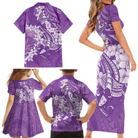 Purple Polynesia Hammerhead Shark Tattoo With Plumeria Lei Family Matching Short Sleeve Bodycon Dress and Hawaiian Shirt LT14 - Polynesian Pride