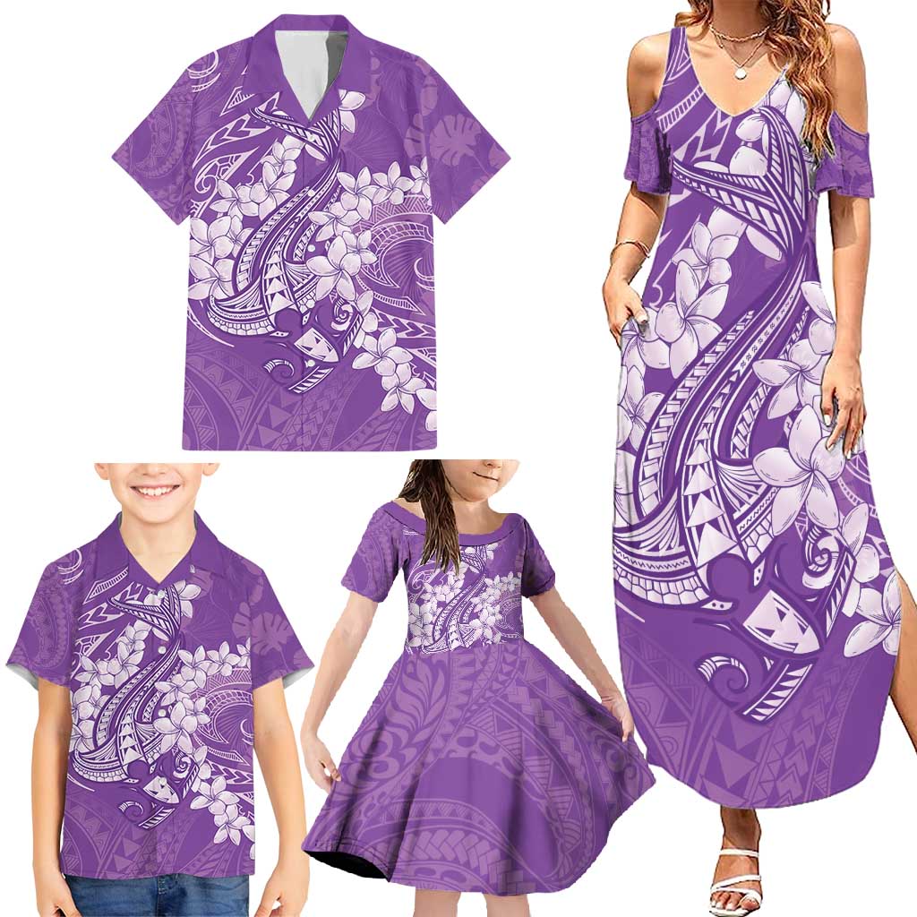 Purple Polynesia Hammerhead Shark Tattoo With Plumeria Lei Family Matching Summer Maxi Dress and Hawaiian Shirt LT14 - Polynesian Pride