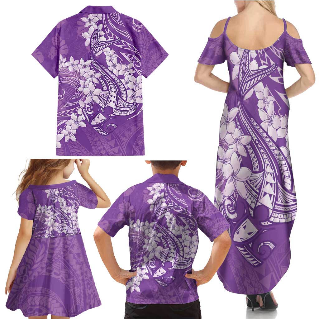 Purple Polynesia Hammerhead Shark Tattoo With Plumeria Lei Family Matching Summer Maxi Dress and Hawaiian Shirt LT14 - Polynesian Pride