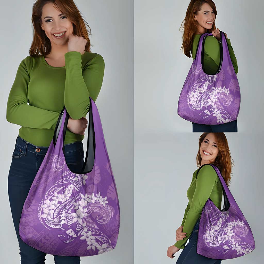 Purple Polynesia Hammerhead Shark Tattoo With Plumeria Lei Grocery Bag