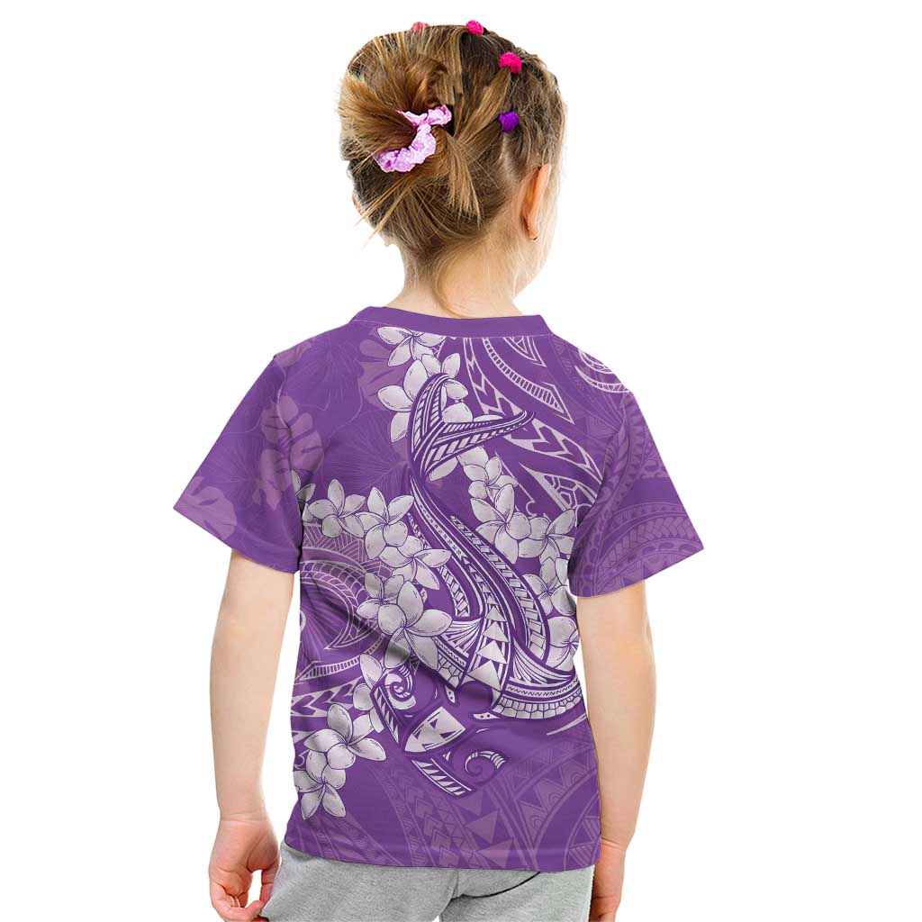 Purple Polynesia Hammerhead Shark Tattoo With Plumeria Lei Kid T Shirt