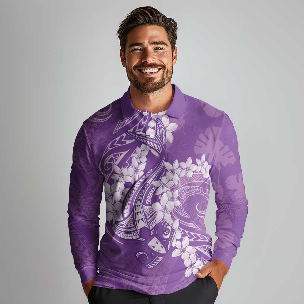 Purple Polynesia Hammerhead Shark Tattoo With Plumeria Lei Long Sleeve Polo Shirt