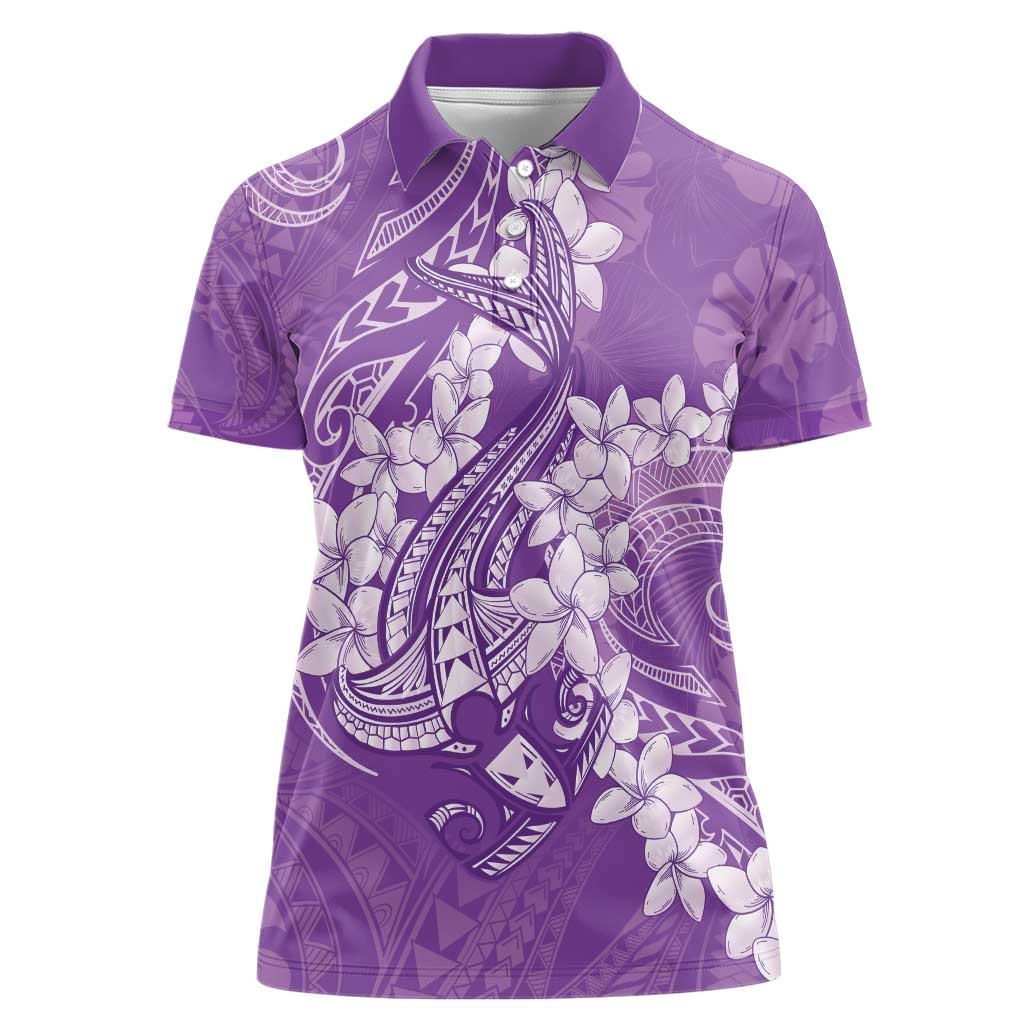 Purple Polynesia Hammerhead Shark Tattoo With Plumeria Lei Women Polo Shirt