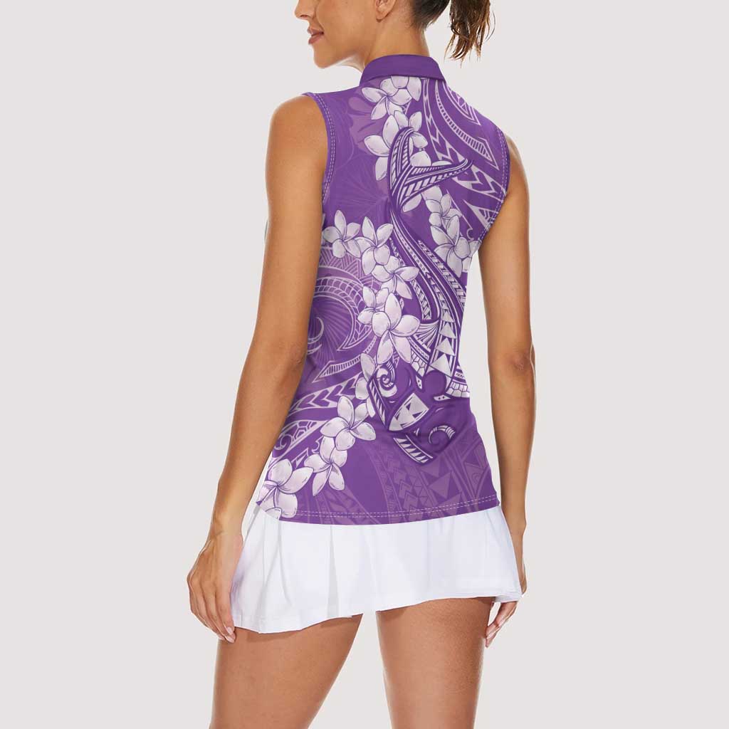 Purple Polynesia Hammerhead Shark Tattoo With Plumeria Lei Women Sleeveless Polo Shirt