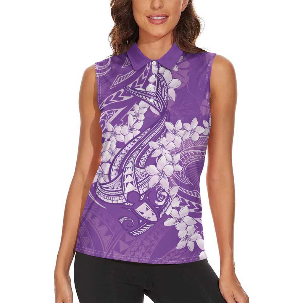Purple Polynesia Hammerhead Shark Tattoo With Plumeria Lei Women Sleeveless Polo Shirt