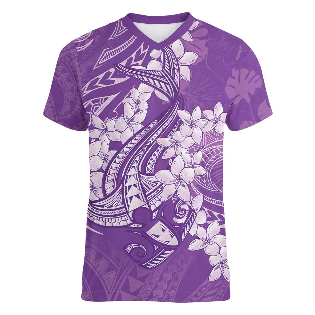 Purple Polynesia Hammerhead Shark Tattoo With Plumeria Lei Women V-Neck T-Shirt